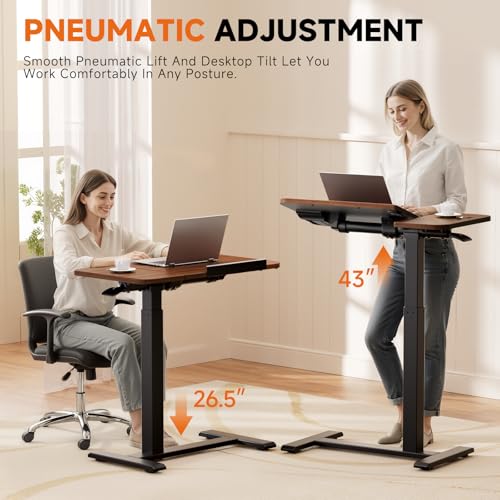 GTPLAYER Overbed Bedside Table with Wheels,Tiltable Hospital Bed Table Over The Bed, Pneumatic Adjustable Rolling Laptop Desk, Mobile Standing Desk for Hospital and Home Use (Walnut) - color: Walnut