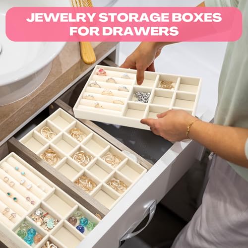Landical 32 Pcs Jewelry Tray Velvet Stackable Jewelry Organizer Trays Drawer with Divider Earring Ring Necklace Display (Beige)
