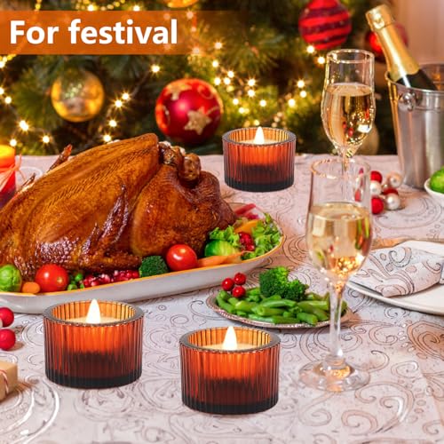 JOYIT Amber Votive Candle Holders Bulk Set of 6, Tealight Candle Holder for Wedding Table Centerpiece, Glass Small Candle Holders for Birthday Party, Valentine's Day, Home Decor (2''X 1.4'') - color: Amber