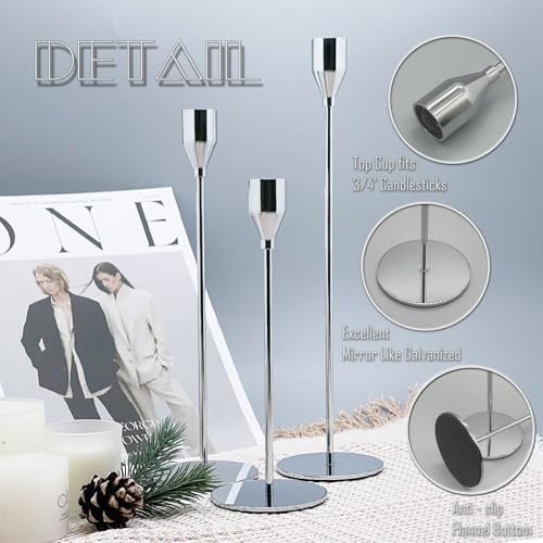 3Pcs Silver Candlestick Holders Set Fit 3/4" Tall Taper Candle Home Decorative Table Centerpieces for Family Dinning, Party Decoration - color: Silver, size: 3 set