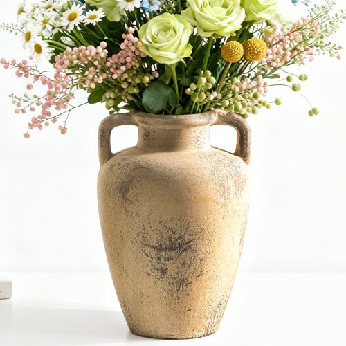Ceramic Vintage Vases for Flower, 8.85 inch Rustic Vase with Handle, Tall Terracotta Christmas Farmhouse Vase for Home Decor, Living Room Shelf Decor, Enterway, Table, Lyeec - color: 103-8.85 in