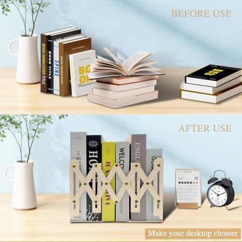 Adjustable Bookends Non Skid Decorative Bookends,Metal Bookend for Heavy Books,Bookshelf Organizer Holder for Books and Magazines for Desk(Beige) - color: Beige