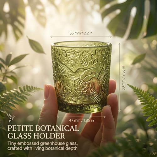 12 Pack Hummingbird Embossed Glass Candle Holders – Votive Tealight Holders with Patent Design, Decorative Embossed Glass Cups for Wedding Centerpieces, Parties, and Home Décor (Moss Green) - color: Moss Green