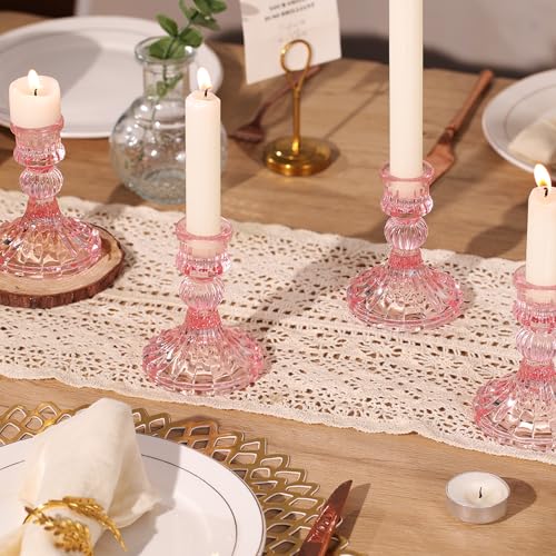 12PCS Pink Candlestick Holders Set- 4" H Taper Candle Holders, Glass Candle Holders Bulk for Wedding, Party, Home Table Centerpieces, Festival Gifts & Windowsill Decor - color: Pink Striped Pattern