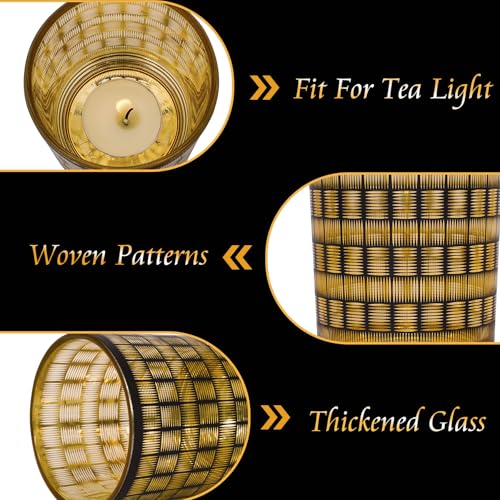 Votive Candle Holders, Set of 3 Black and Gold Glass Tealight Candle Holder with Woven Pattern, Vintage Tea Light Holders for Chirstmas Table Centerpieces Birthday Party Home Decor