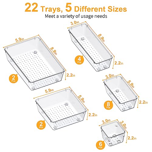 SMARTAKE 22-Piece Drawer Organizer with Non-Slip Silicone Pads, 5-Size Clear Desk Drawer Organizer Trays Storage Tray for Makeup, Jewelries, Utensils in Bedroom Dresser, Office and Kitchen, Clear - size: 22 PCS