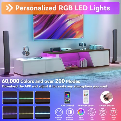 Verano Garden Extendable TV Stand with Led Lights, Wood TV Media Console with 2 Drawers & 1 Cabinet, Modern Entertainment Center Up to 90 Inch TV for Living Room Bedroom, 63" - 90.6" (White & Walnut) - color: White & Walnut