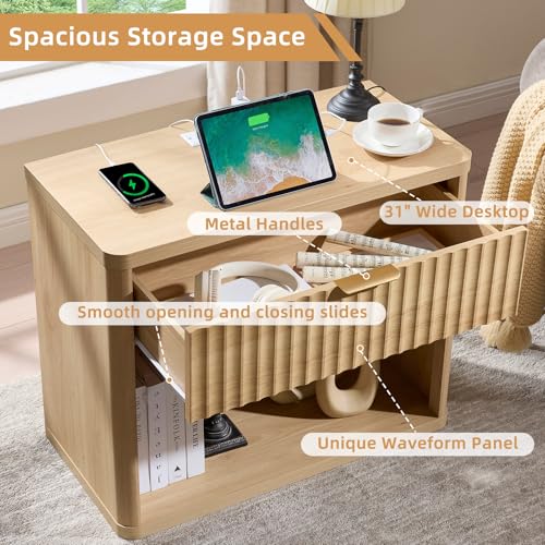 LEYAOYAO 31" Wide Fluted Nightstand with Charging Station, Oversized Extra Large 1 Drawer Night Stand with Golden Handle, Natural Wood Bedside Table Tall End Tables,for Bedroom, Living Room, Hallway - color: Natural, size: 1 Drawers
