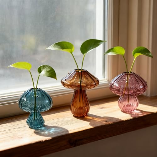 Glass Mushroom Propagation Planter - Set of 3 Cute Plant Propagation Stations for Indoor Plants, Unique Small Hydroponic Vase Jars Mini Terrariums for Window Living Room Bathroom Shelf Decor
