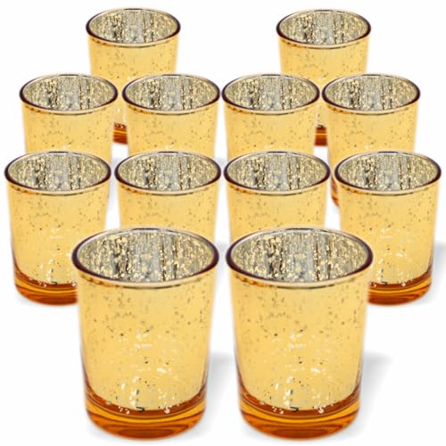 PMLAND Speckled Mercury Glass Votive Candle Tealight Holders - Bulk Pack of 12 Gold - color: Gold
