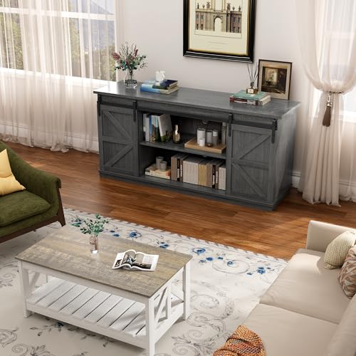 YESHOMY TV Stand for Televisions up to 65 Inches, with Sliding Barn Doors and Storage Cabinets, Console Table and Media Furniture for Living Room, 58 Inch, Gray - color: Grey, style: Sliding Barn Doors TV Stand
