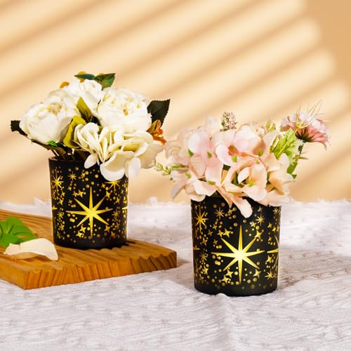 Votive Candle Holders Black and Gold, Glass Tealight Candle Holder Set of 3 with Stars Pattern, Vintage Tea Light Holders for Christmas Table Centerpiece Birthday Party Vanlentine's Day