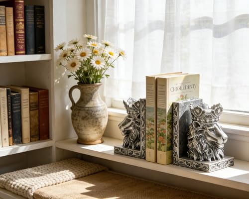 Lion Head Bookends Metallic Silver Design, Solid Resin for Heavy Duty Book Support, Non-Slip Pads for Stability, Gift for Lion Enthusiasts Collectors - color: Metallic Silver