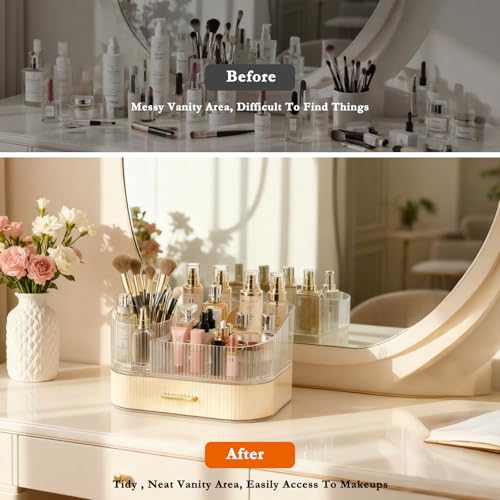 Makeup Organizer Countertop with 360 Rotating Brush Holder, Make Up Organizers For Vanity With Drawer, Bathroom Countertop Skincare Organizer And Storage - size: 2-layer