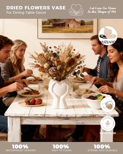 A Heart Held in Two Hands White Vases for Flowers - Cute Modern Small Ceramic Flower Vase for Pampas Grass - Decorative Table Vase for Coffee or Dining Table Centerpiece, Shelf - Gift for Mom (White) - color: White