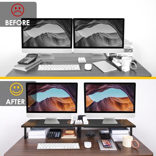 Across-Star Dual-Monitor Stand for Desk - Large Adjustable Length and Angle Riser for 2 Monitors, Double Computer Desktop Organizer, Shelf for TV, Laptop, Printer - color: Rustic Brown, size: 30.3-40.5‘’L*9.45‘’D*4.9‘’H
