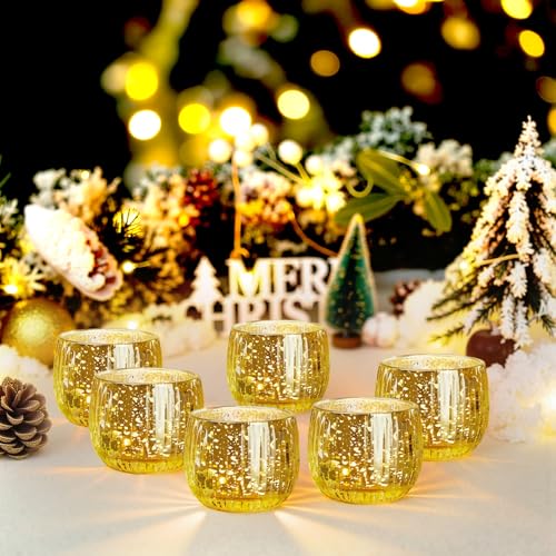 IMAGE Votive Gold Candle Holders, Elegant Glass Tea Light Holder for Weddings, Diwali, Home Decor, Shower, Party & Gift (6)