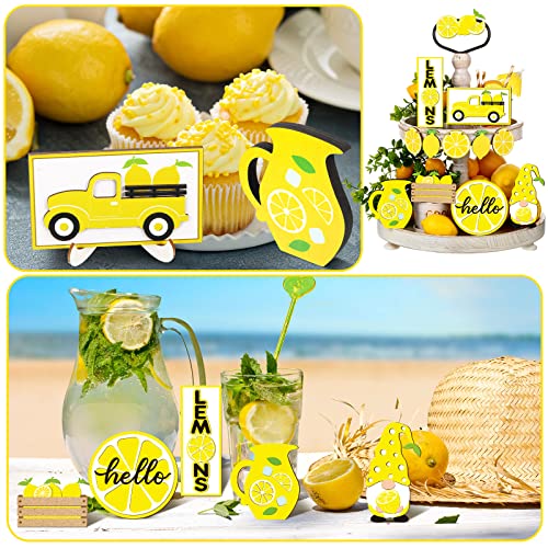 12 Pcs Lemon Tiered Tray Decor Set Gnome Fresh Lemonade Wooden Sign Yellow Lemon Wood Blocks Standing Sign Summer Tray Decor for Home Summer Kitchen Table Decoration - style: Lemon