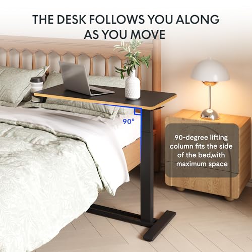 FLEXISPOT H7 Adjustable Overbed Bedside Table with Wheels Pneumatic Mobile Standing Desk Laptop Desk Rolling Computer Cart Movable Overbed Table Hospital Home Use(31.5" W x 17.7" D, Black Maple Large) - color: Black Maple, size: Large