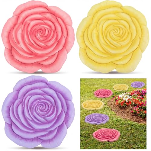 Cinnvoice 3 Pack Garden Stepping Stone Outdoor, Decorative Dimensional Resin Stepping Stones for Patio Pathway Landscaping Walkway Sculpture Yard Backyard Lawn(Rose,10 Inches) - size: 10 Inches, style: Rose