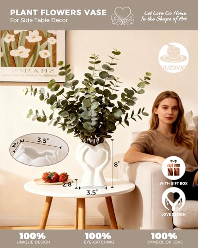 A Heart Held in Two Hands White Vases for Flowers - Cute Modern Small Ceramic Flower Vase for Pampas Grass - Decorative Table Vase for Coffee or Dining Table Centerpiece, Shelf - Gift for Mom (White) - color: White