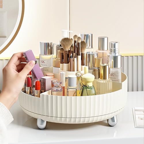 Anyoifax Makeup Perfume Organizer Tray with Divider 360 Degree Rotating Lazy Susan Skincare Lotion Organizer Spinning Cosmetics Storage for Dresser, Vanity, Bathroom Countertop, Large Beige - color: Beige+ Divider, size: 11 "