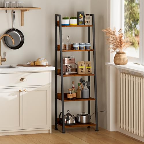 Furologee 5-Tier Ladder Shelf, Ladder Bookshelf with Removable Drawer, Rustic Bookcase Storage Rack Organizer, Wood Metal Freestanding Storage Shelf for Living Room, Home Office, Bedroom, Balcony - color: Rustic Brown, size: 5-Tier, 15" W