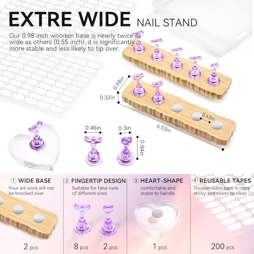 Nail Stand for Press On Art Display Practice 2 Sets, 1 Heart Acrylic Magnetic Nail Stands, Fake Nail Holder Tips, 200 PCS Double-Sided Tape, DIY Kit Home Supplies (Wood And Purple, Medium) - color: Wood And Purple, size: Medium