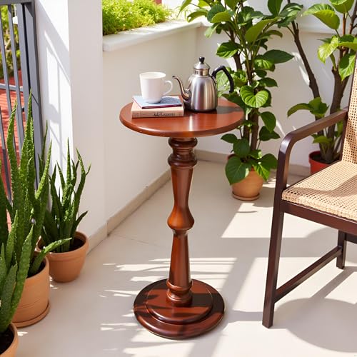 SwallowLiving Small Drink Table, Brown Wooden Round Side Table, Narrow Modern End Table with Pedestal Stand for Small Spaces, Beside Sofa Couch & Office, Tall Plant Display Stand, 12" W x 25" H - color: Brown Hourglass