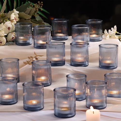 NITIME 32Pcs Ribbed Blue Votive Candle Holders, Tea Light Candle Holders for Table Centerpiece, Blue Candle Holders for Wedding Decor,Home and Holiday Decor - color: Blue