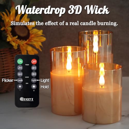 Rechargeable Flameless Candle, Flashing LED Pillar Real Wax Candle with Remote Control and Timer, Upgraded Teardrop Wick, Gold Glass Electronic Candle, 1 Set of 3 - color: Gold Glass-Droplet