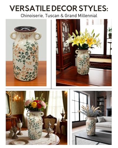 Vintage Ceramic Flower Vase Home Decor - Tabletop Rustic Tall Vase for Decor Living Room Bookshelf Office Kitchen Farmhouse, White Vases for Bouquet, Symmetric Holes | Grand Millennial | 9.1inch