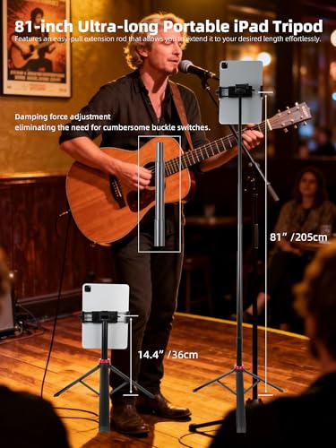 Xik Portable 81" iPad Tripod Stand, Extendable Aluminum Alloy Travel Tablet Tripod Holder, Compatible with iPad Pro, iPhone, Kindle & All 4.7-12.9" Tablets（Extendable Height: 14.4" to 81" ）