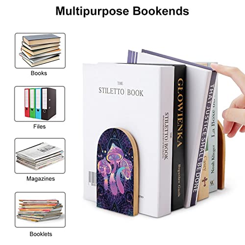 Magic Mushrooms Psychedelic Art Pattern Wood Bookends Decorative Bookend Non-Skid Office Book Stand for Books Office Files Magazine, Wood-style, One Size