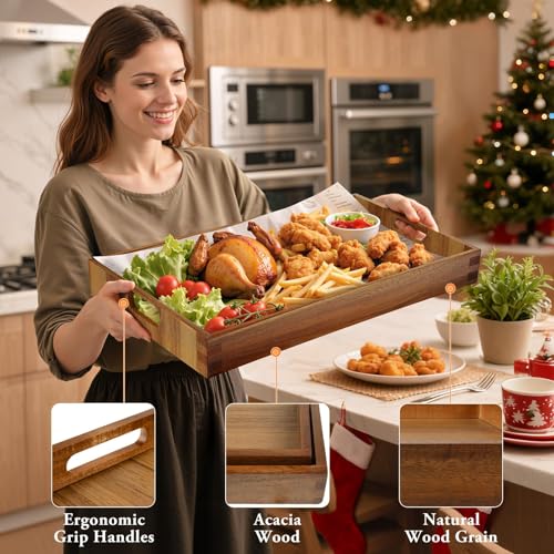Serving Trays - 2 Pack, Acacia Wood Serving Platters with Ergonomic Handles, Versatile Rustic Decorative Trays for Breakfast, Brunch, Dinner, Coffee Table, Party, Kitchen-L - size: 16"x11"x1.57" and 17"x12"x1.57"