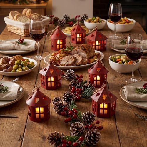 TRIROCKS 6 Pcs Mini Table Centerpieces Candle Lanterns 4" H Decorative Hanging Tealight Holders House Bulk for Wedding Farmhouse Christmas Dinner Party Indoor Outdoor Gifts(Wine Red Brushed Black)