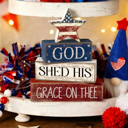 CroBlissful 4 Pcs 4th of July Decorations Patriotic Memorial Day Tabletop Decoration Red White Blue Table Centerpieces Sign for Office Tiered Tray Home Shelf 250th Anniversary(God Star) - style: God Star