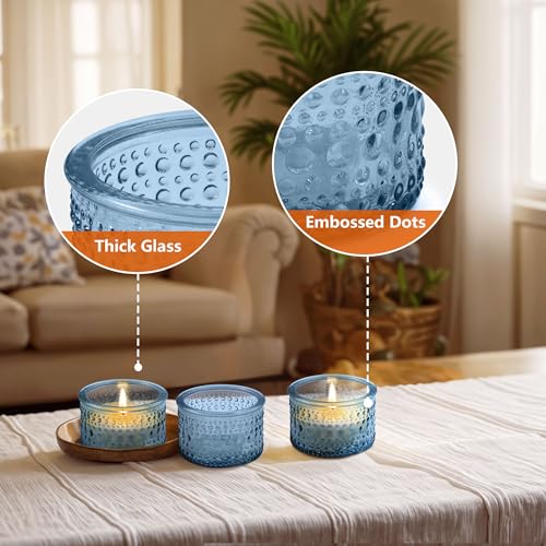 JOYIT Blue Votive Candle Holders Bulk Set of 12, Tealight Candle Holder for Wedding Table Centerpiece, Glass Small Candle Holders for Birthday Party, Valentine's Day, Home Decor (2''X 1.4'') - color: Embossed_blue