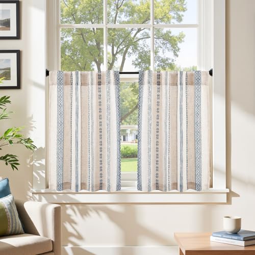 jinchan Boho Kitchen Curtains 24 Inch Linen Tier Curtains with Geometric Pattern Bohemian Cafe Small Light Filtering Window Treatment for Living Room RV Back Tab 2 Panels Blue on Linen - color: Liora | Blue on Linen, size: 26"W x 24"L (Pack of 2)