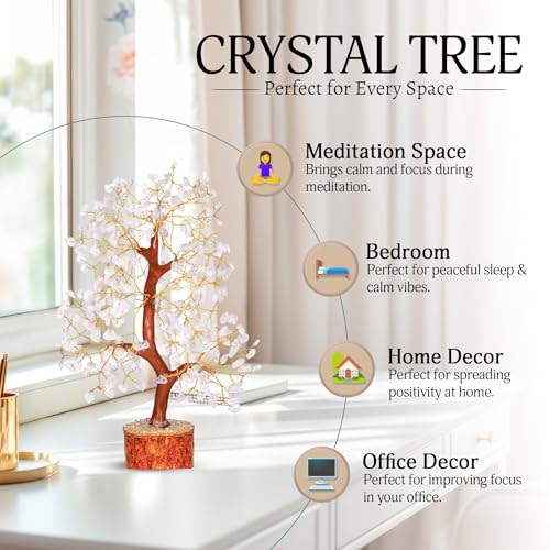 YATSKIA Clear Quartz Crystal Tree for Home Decor, Handmade Gemstone Tree for Positive Energy, Good Luck Birthday Gifts for Women - color: Clear Quartz Golden Wire