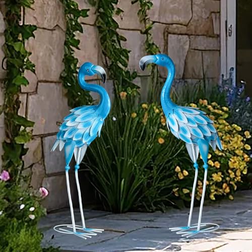 Set of 2 Metal Flamingo Garden Statues, Yard Flamingo Outdoor Decor for Lawn Patio Garden Backyard Display (Blue) - color: Blue
