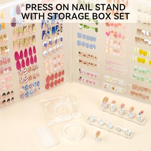 Nails Storage Box with Stand for Fake Nail,Large Empty Nail Box Case Use for Press On Display & Storage,Nail holder for Painting Practice,Acrylic Nail Display Stand for Design Home