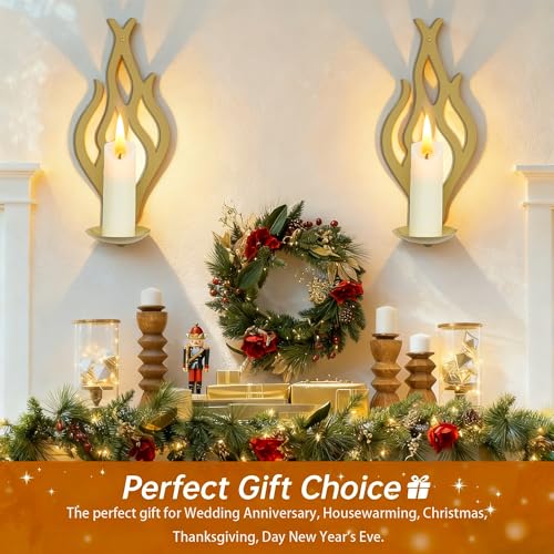 Wall Candle Sconces Set of 2, Modern Minimalist Metal Candle Holders for Pillar, Tealight, and LED Candles, Flame-Shaped Decorative Wall Decor for Living Room Dining Room (Golden Tan) - color: Golden Tan Flame-shaped
