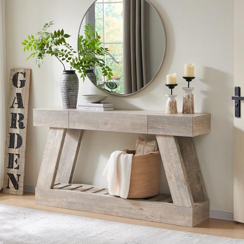 60" Farmhouse Entryway Table with Drawer, Wooden Hallway Foyer Table with Heavy Duty Base(Light Rustic Oak) - color: Light Rustic Oak