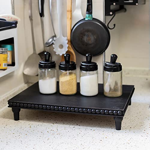 GENMOUS Farmhouse Black & White Distressed Wood Display Stand, 3-Tier Beaded Pedestal Tray for Bathroom, Kitchen, or Living Room Decor