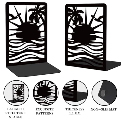 Sunrise Book Shelf Decorative Bookends for Shelves, Book Ends for Heavy Books, Black Beach Metal Bookends for Desk Organizer, Office Library Decor Decorative Books for Home Decor - style: Sunrise