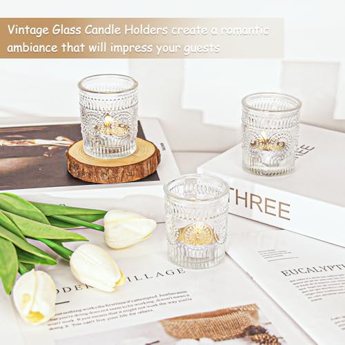 4 Pcs Clear Glass Votive Candle Holders, Tealight Candle Holders for Table Centerpieces, Vintage Candle Holder Bulk, Boho Wedding, Home, Bridal Shower, Birthday Party Table Decor (Clear) - color: Clear