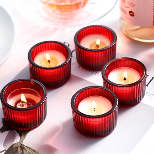 Red Candle Holders, Glass Votive Candles Holders for Table Centerpiece, Tealight Candle Holder, Glass Tea Light Candles Holder for Party & Home,Wedding Decor, Set of 12