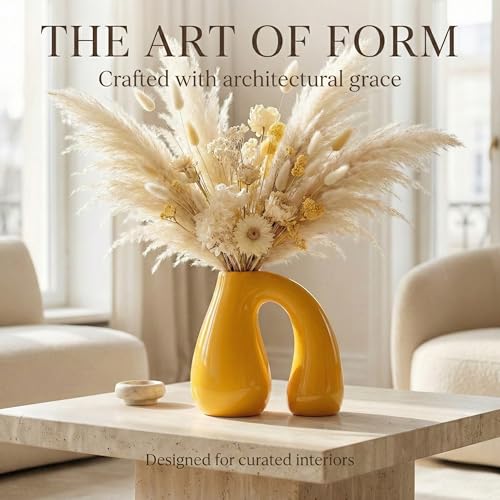 Yellow Ceramic Vase for Modern Home Decor, 7.5" Sculptural U-Shape Pitcher Vase with Arch Handle, Small Aesthetic Flower Vase for Pampas Grass, Dried Flowers, Shelf Entryway Table Decor – PROBENEX - color: Yellow