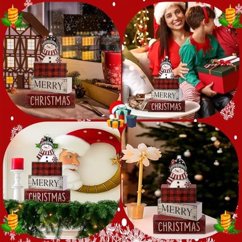 Lineshading 4 Pcs Winter Table Decoration Wooden Snowman Christmas Tiered Tray Decor Red Buffalo Plaid Block Signs Snowman Table Centerpiece Farmhouse Winter Decoration for Home Kitchen Shelf - style: Christmas Snowman